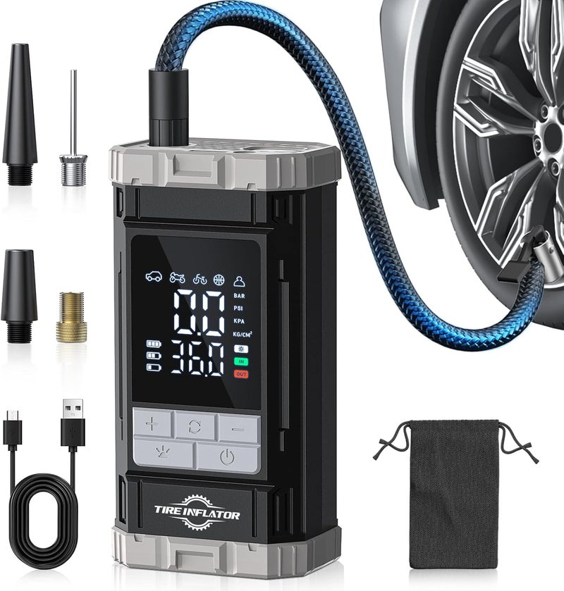 Aneson ضاغط هواء محمول لتضخيم الإطارات، مضخة هواء سريعة 2X مع مقياس رقمي 150 PSI، إيقاف تلقائي لتضخيم الإطارات على جانب الطريق، العناية اليومية بالسيارات، الدراجات النارية، الدراجات، وكرة الرياضة، بدء بنقرة واحدة - Image 1